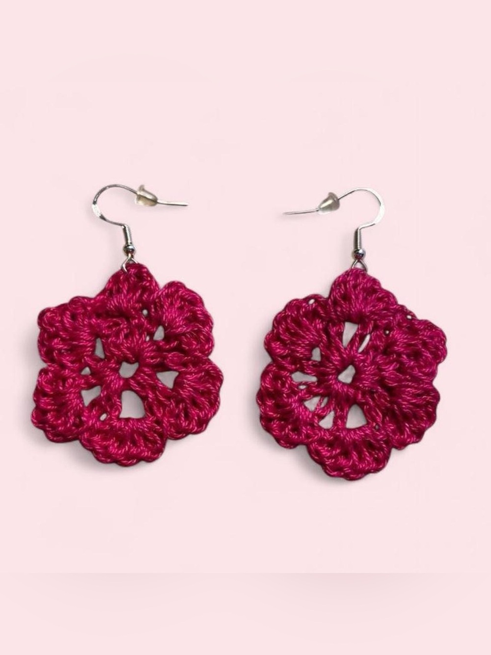 handmade crochet hot pink flower earrings